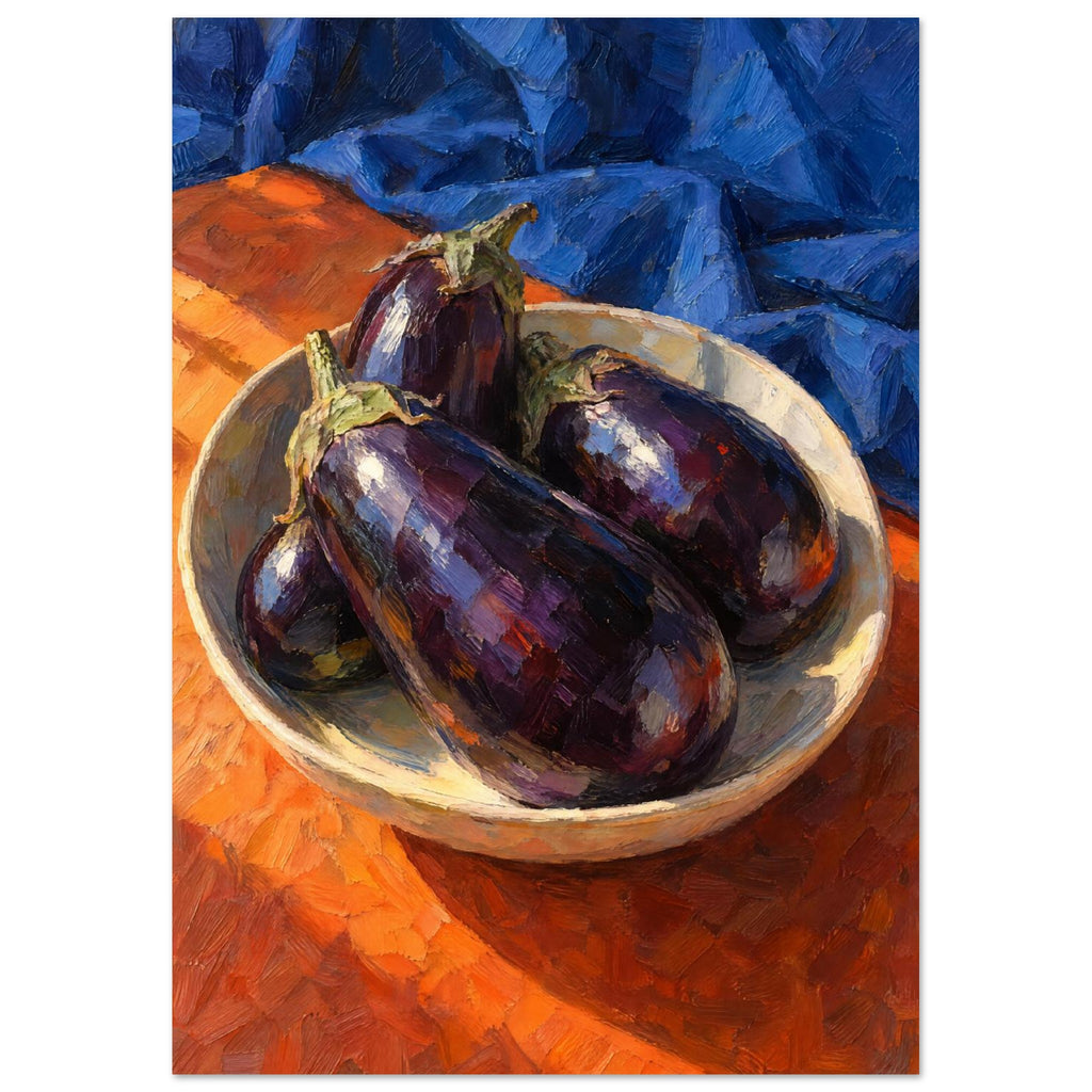 Purple aubergines in a shallow cream bowl on an orange surface, with folded blue fabric and bold visible brushstrokes.