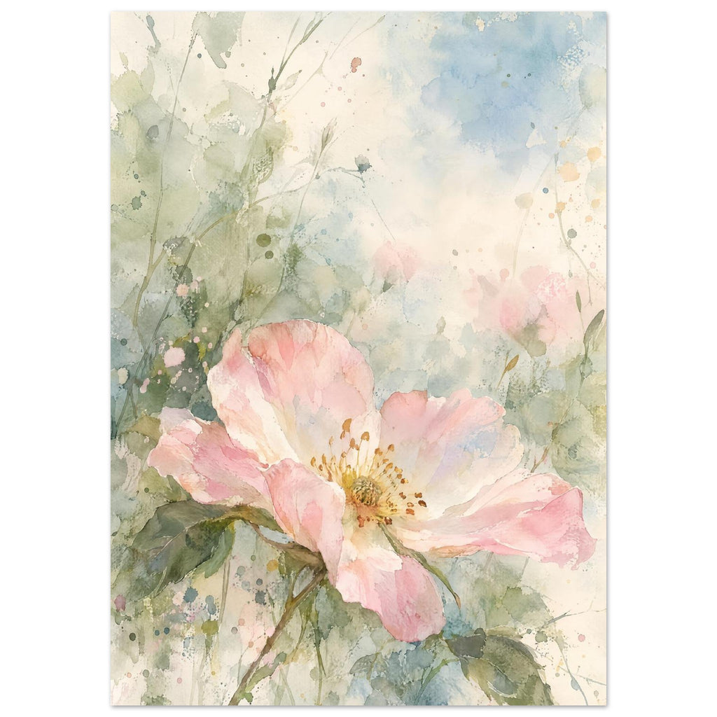 Open pink wild rose with a golden centre and green leaves against loose pale blue, sage and cream watercolour washes.