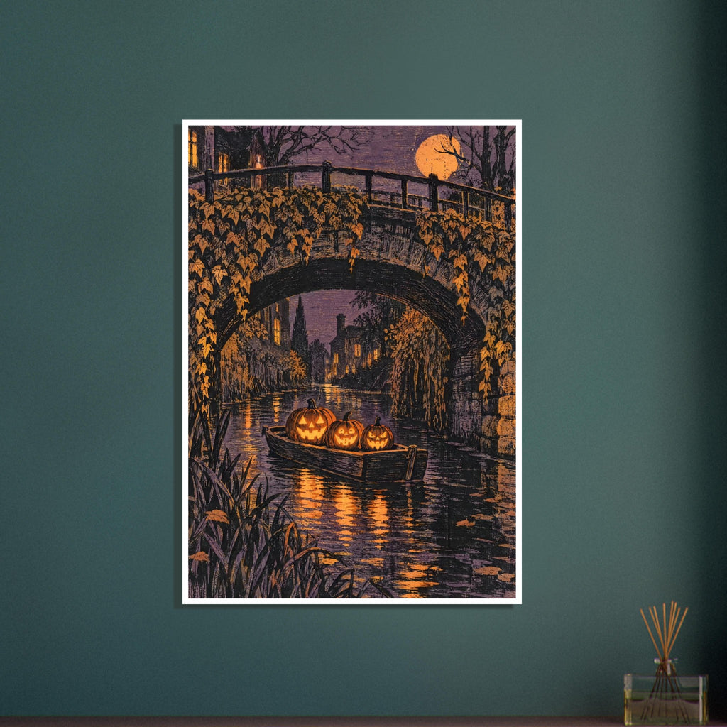 Three glowing jack-o’-lanterns in a boat beneath an ivy-covered stone bridge, with an orange moon and canal reflections.