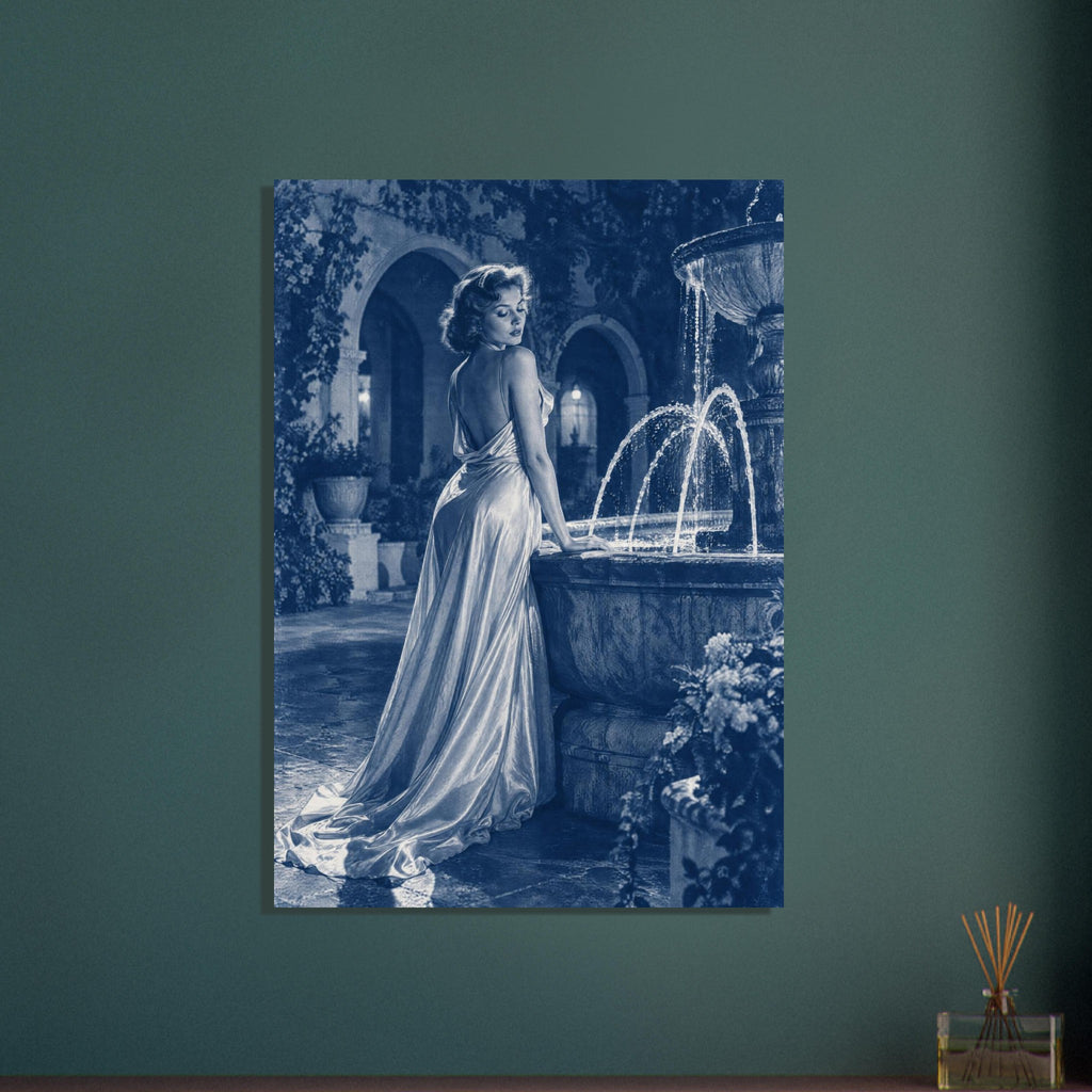 Woman in a flowing, open-backed gown beside a stone fountain and ivy-covered arches, rendered in blue tones.