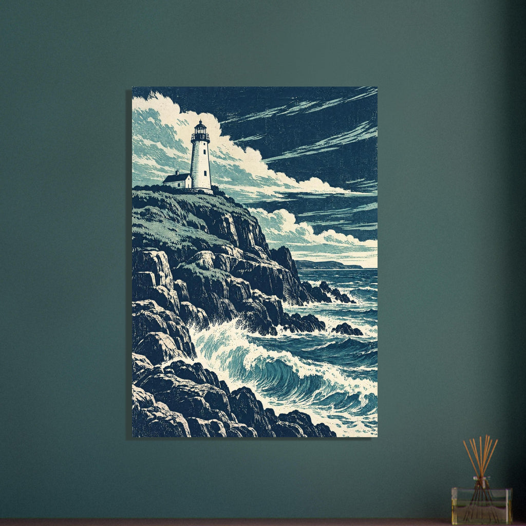 Lighthouse on rugged cliffs above breaking blue waves, beneath sweeping cream clouds in a textured navy sky.