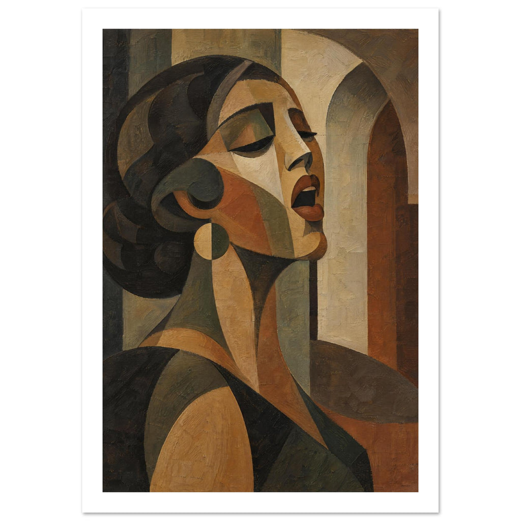 Cubist portrait of a woman with closed eyes and parted lips, in ochre, brown and muted olive, against arches.