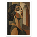Cubist portrait of a woman with closed eyes and parted lips, in ochre, brown and muted olive, against arches.