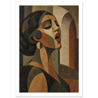 Cubist portrait of a woman with closed eyes and parted lips, in ochre, brown and muted olive, against arches.