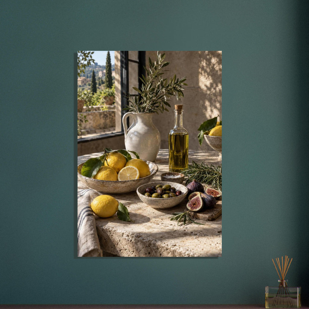 Lemons, olives, figs and a bottle of oil on a stone table beside a ceramic jug of leafy branches and a sunlit window.