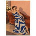 Stripes After Sunset shows a reclining woman in a cobalt-and-cream striped dress on a rust chaise against a peach wall.