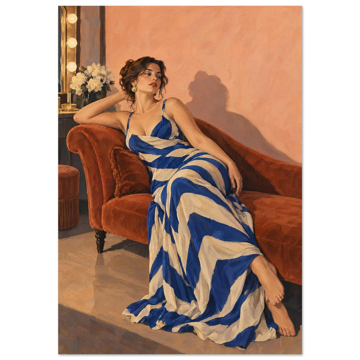 Stripes After Sunset shows a reclining woman in a cobalt-and-cream striped dress on a rust chaise against a peach wall.