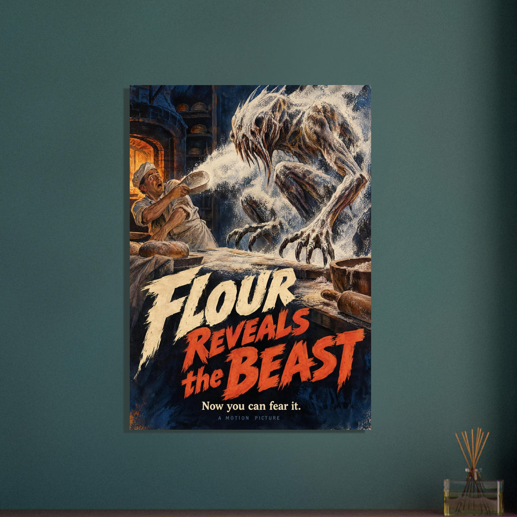Clawed monster looms over a baker throwing flour in a dark bakery, above the words ‘Flour Reveals the Beast’.