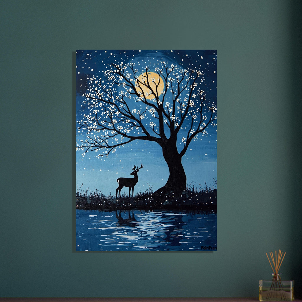 Deer beneath a black tree with white blossom-like dots, a yellow moon in a blue sky and reflections in water below.