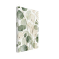 Eucalyptus branches with rounded sage green leaves and translucent cream honesty seed pods against a white background.