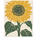 Yellow sunflower with a dark seed centre, green stem and three large leaves on a textured cream background.