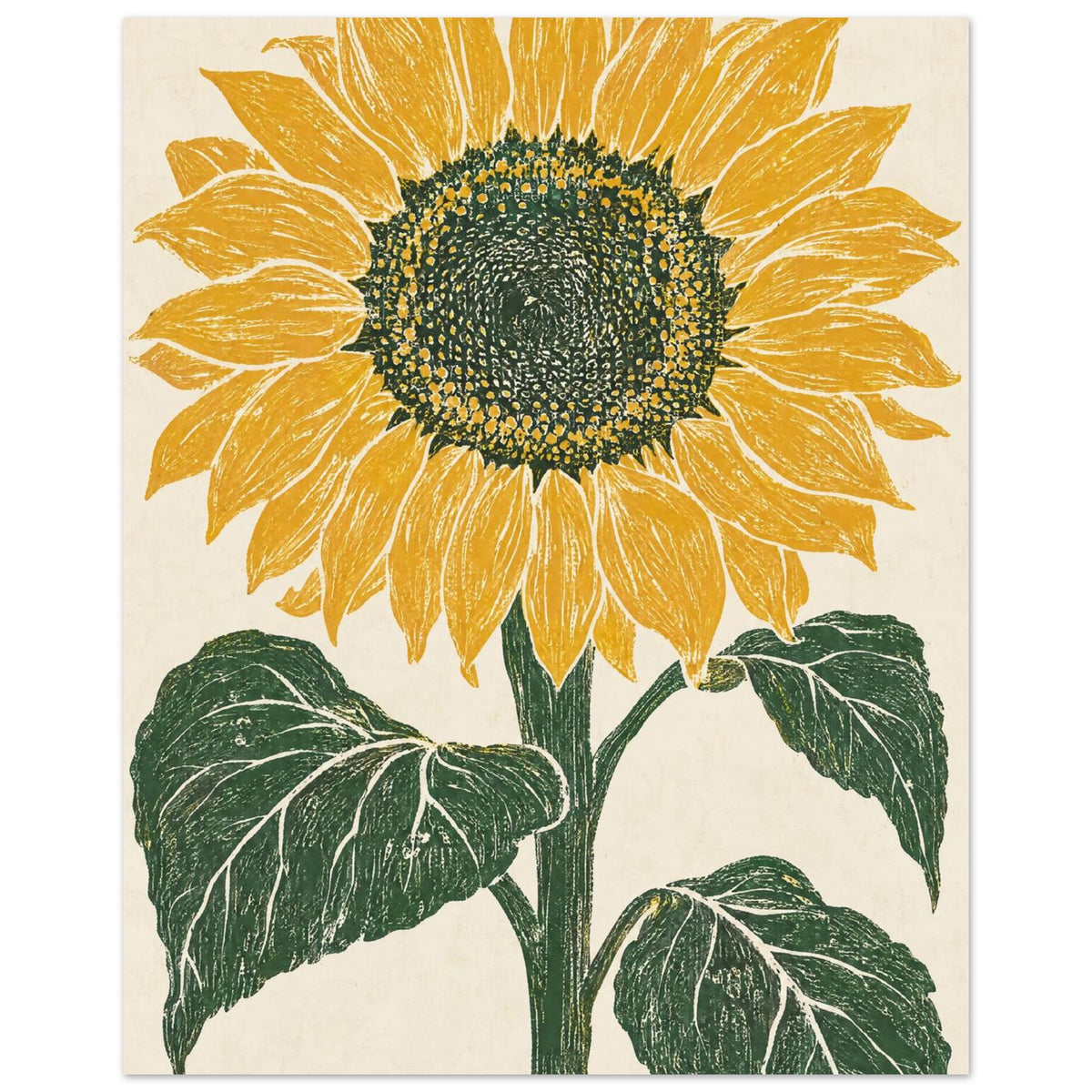 Yellow sunflower with a dark seed centre, green stem and three large leaves on a textured cream background.
