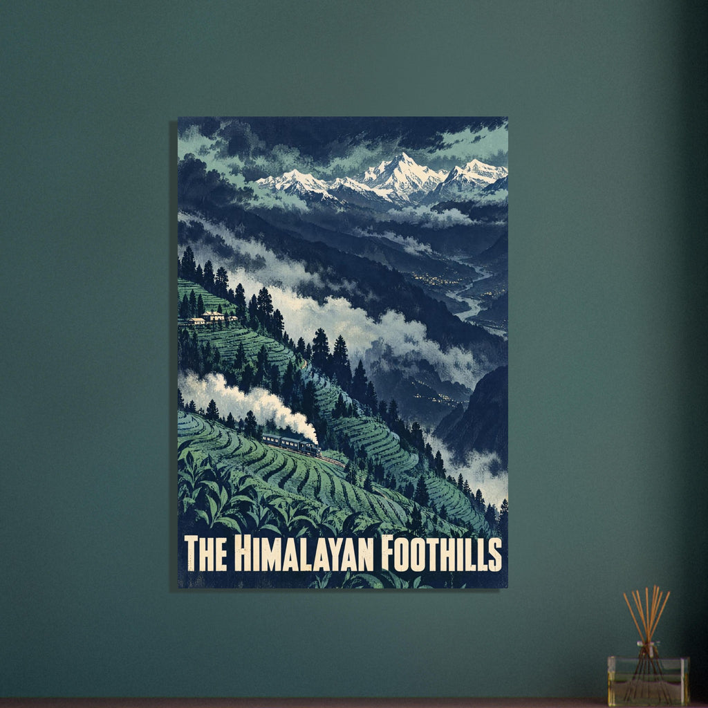 Steam train on green terraced hills beneath snowy mountains, with clouds and cream text reading ‘The Himalayan Foothills’.