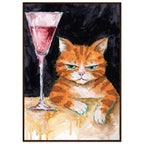 Ginger cat with green eyes resting its white paws on a golden table beside a tall glass of pink liquid, on black.