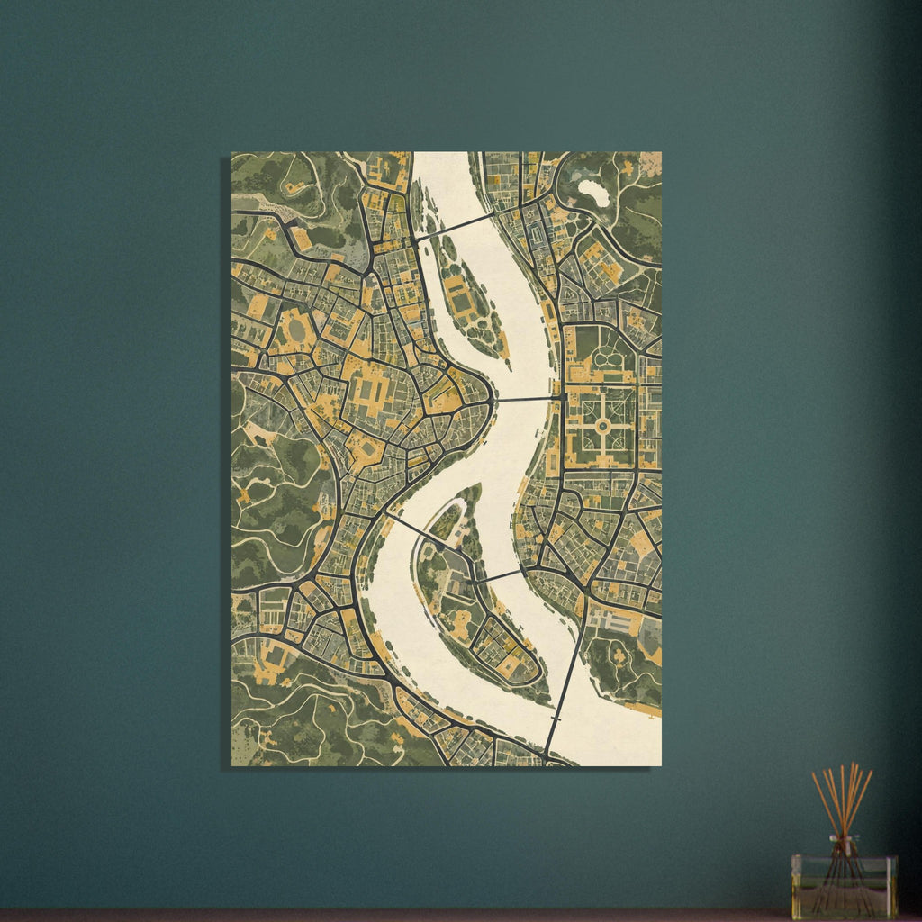 City map with a winding cream river, elongated islands, bridges, dark roads, olive green parks and mustard buildings.