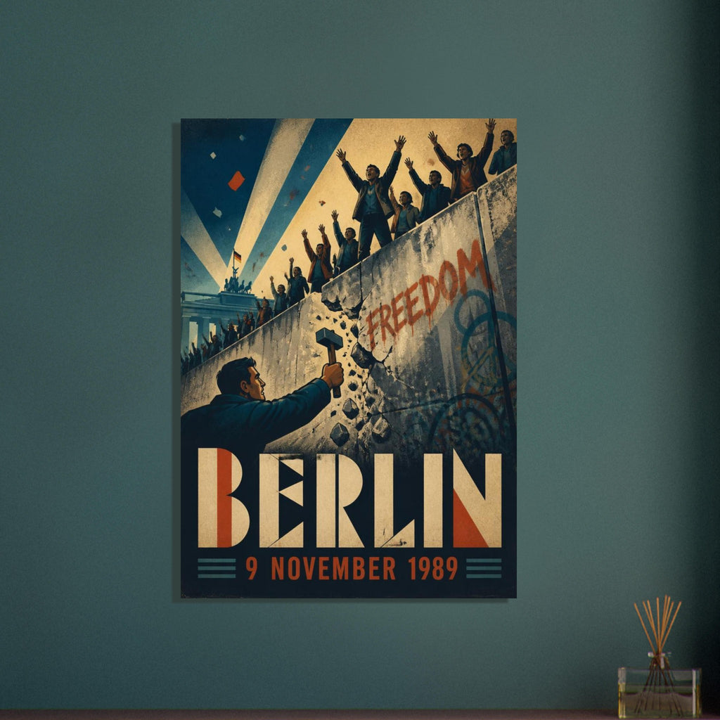 Berlin Wall illustration with cheering crowds, a man wielding a hammer, ‘FREEDOM’ graffiti and ‘BERLIN 9 NOVEMBER 1989’.