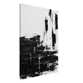 Black and white abstract composition with thick horizontal brushstrokes below, vertical marks above and scattered paint drips
