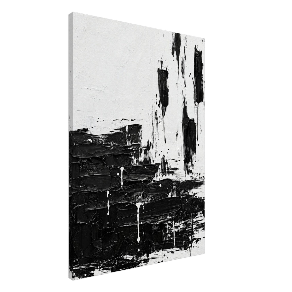 Black and white abstract composition with thick horizontal brushstrokes below, vertical marks above and scattered paint drips