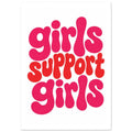 Girls support girls written in chunky, rounded lowercase letters, with pink ‘girls’ and red ‘support’ on white.