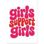Girls support girls written in chunky, rounded lowercase letters, with pink ‘girls’ and red ‘support’ on white.