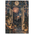Conservatory with open doors, candles, leafy plants and a Roman numeral clock overlooking fireworks above a dark garden.