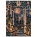 Conservatory with open doors, candles, leafy plants and a Roman numeral clock overlooking fireworks above a dark garden.
