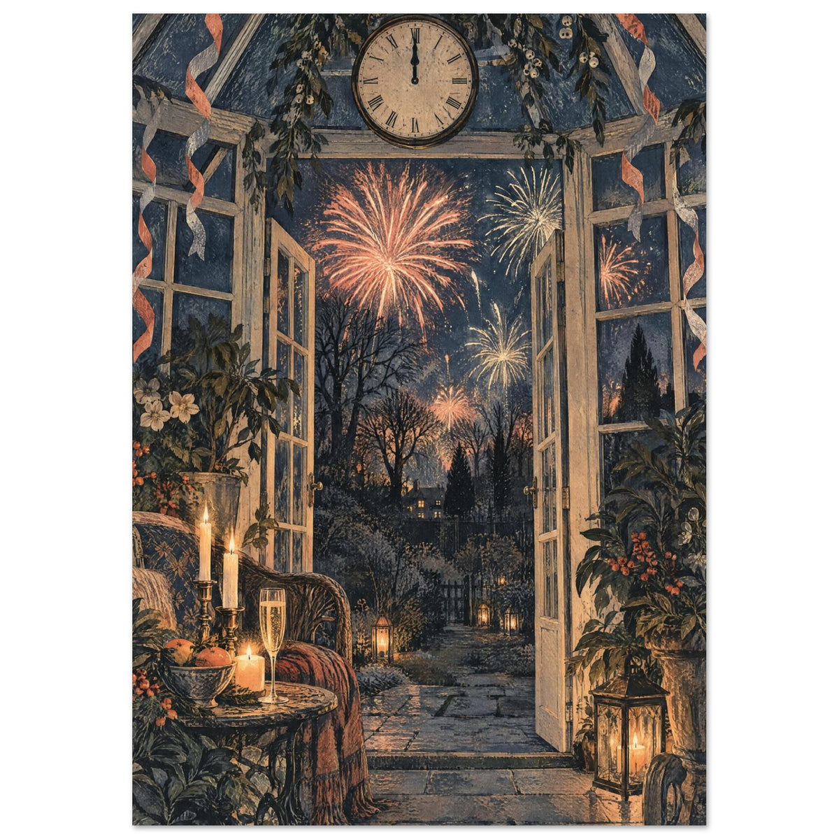 Conservatory with open doors, candles, leafy plants and a Roman numeral clock overlooking fireworks above a dark garden.