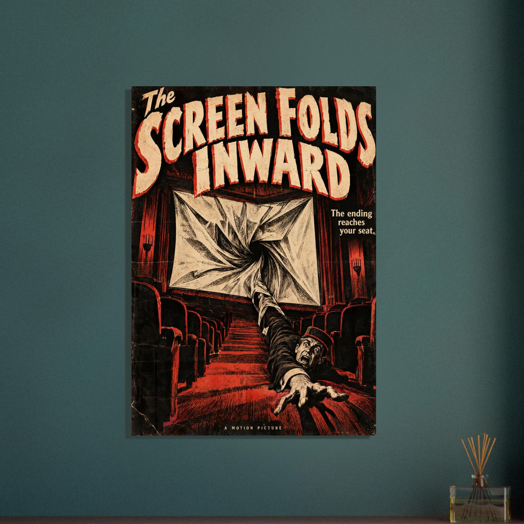 Cinema screen twists into a vortex above a terrified reaching man, with cream horror lettering and red and black seating.