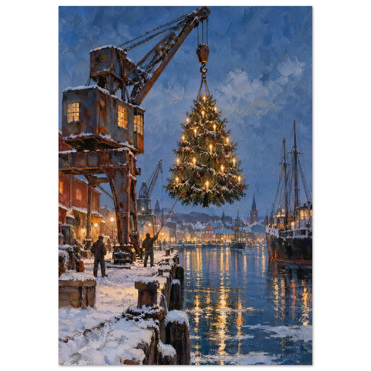 Illuminated Christmas tree suspended from a harbour crane above a snowy quay, with boats and golden reflections in blue water