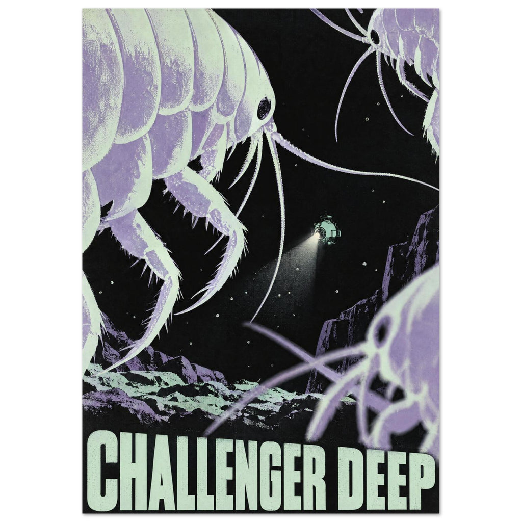 Giant mint and lilac crustaceans surround a small submersible above a rocky seabed, with Challenger Deep lettering below.