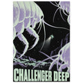Giant mint and lilac crustaceans surround a small submersible above a rocky seabed, with Challenger Deep lettering below.