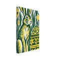 Green and yellow hare beside a floral-patterned Easter egg, surrounded by tall grass and yellow flowers on off-white.