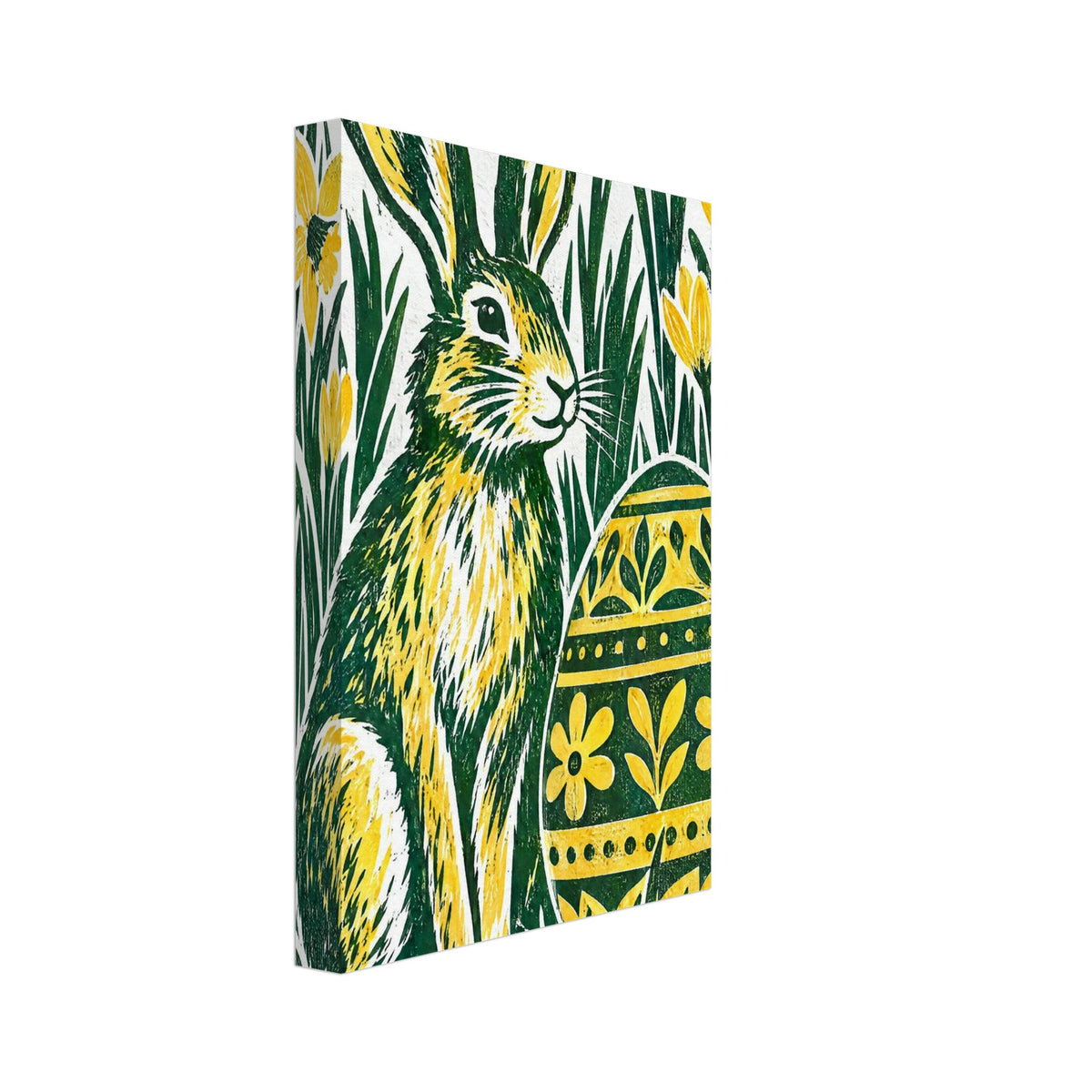 Green and yellow hare beside a floral-patterned Easter egg, surrounded by tall grass and yellow flowers on off-white.