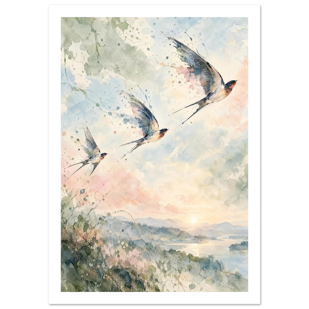 Three swallows flying across a pastel watercolour sky above distant hills, sunlit water and loose green foliage.
