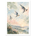 Three swallows flying across a pastel watercolour sky above distant hills, sunlit water and loose green foliage.