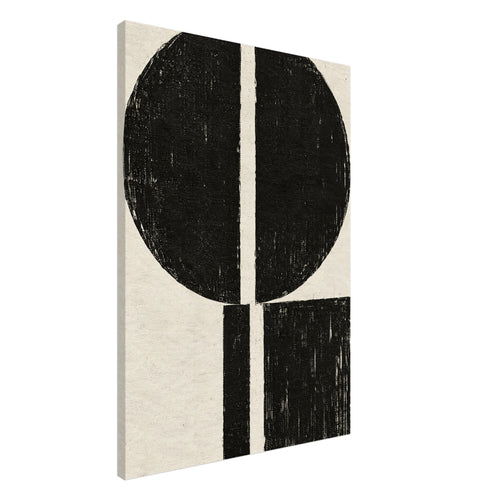 Distressed black circle above an offset black rectangle, both divided by narrow cream gaps, on a textured cream background.