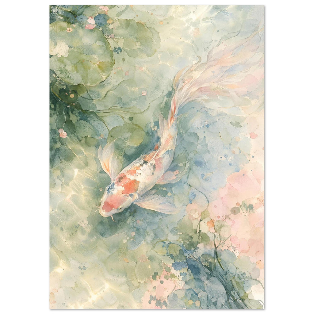 Long-finned koi with coral and dark markings swimming among lily pads in pale green, blue and blush watercolour washes.