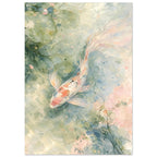 Long-finned koi with coral and dark markings swimming among lily pads in pale green, blue and blush watercolour washes.