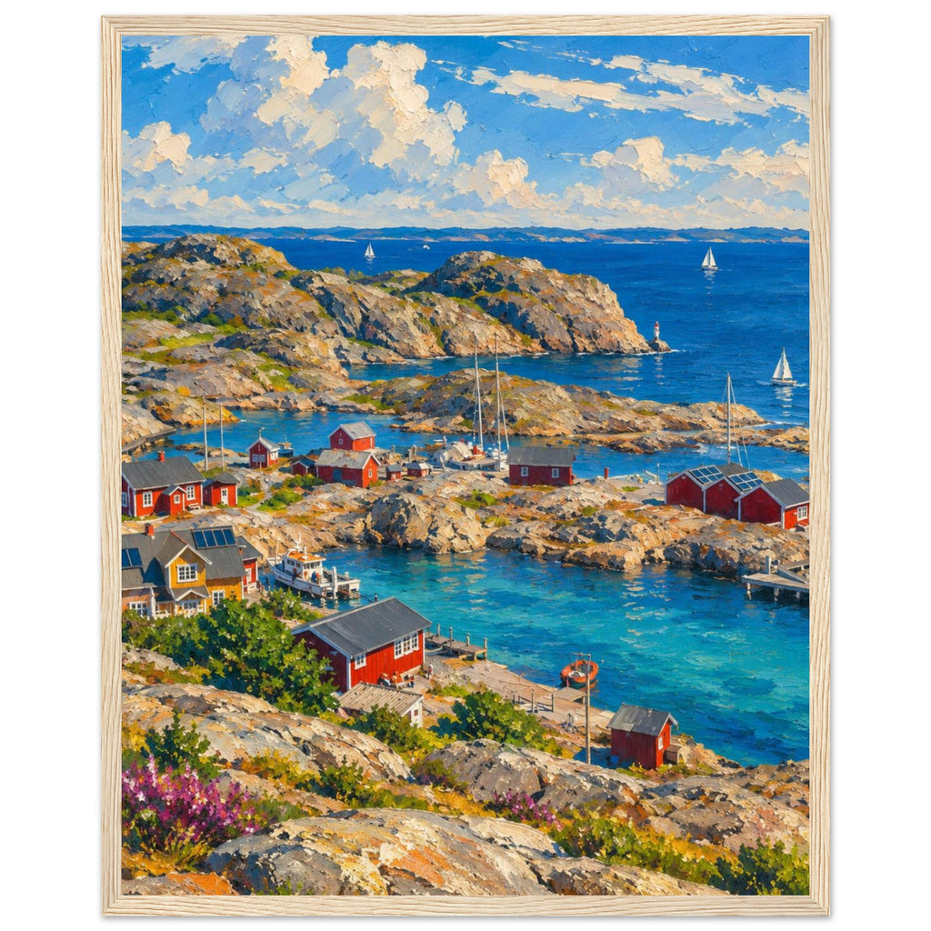 Rocky harbour with red cabins, wooden jetties and sailboats on blue water beneath cream clouds, with flowers in front.