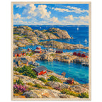 Rocky harbour with red cabins, wooden jetties and sailboats on blue water beneath cream clouds, with flowers in front.