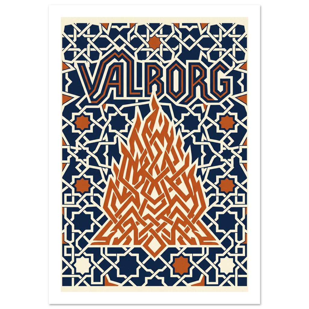 Angular orange bonfire beneath VALBORG lettering, surrounded by cream geometric lines and star shapes on navy.
