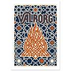 Angular orange bonfire beneath VALBORG lettering, surrounded by cream geometric lines and star shapes on navy.