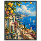 Lemon branches above a seaside terrace with a table, chairs and resting cat, overlooking sailboats and a coastal village.
