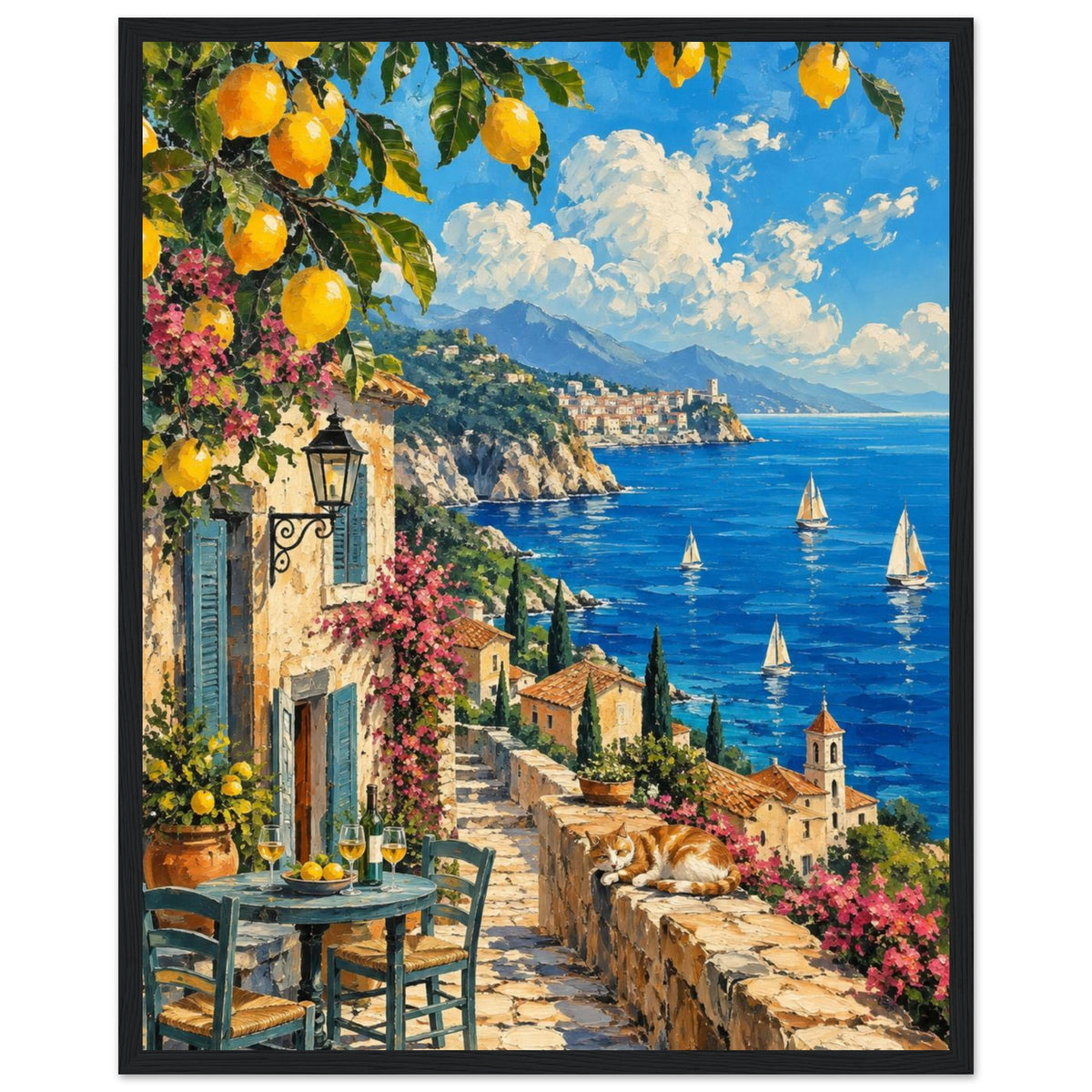 Lemon branches above a seaside terrace with a table, chairs and resting cat, overlooking sailboats and a coastal village.