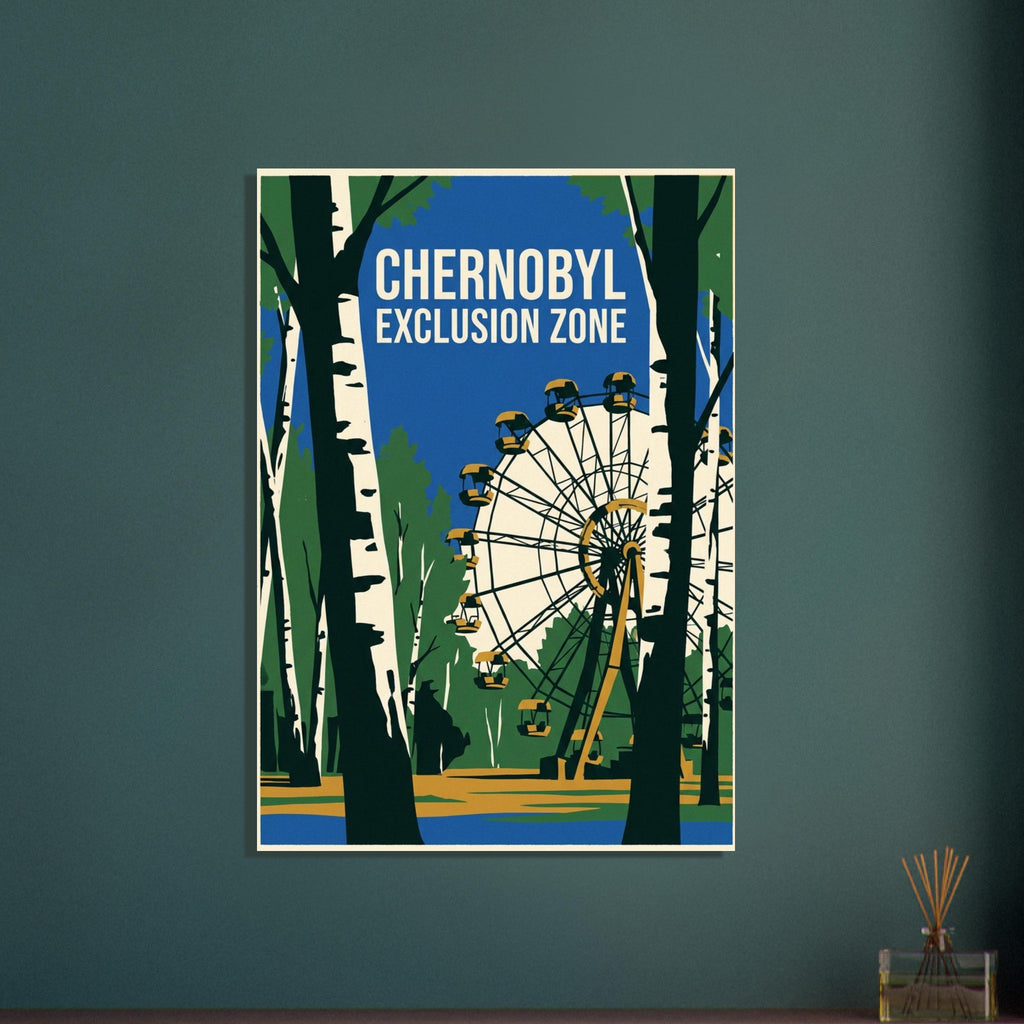Ferris wheel behind birch trees, with blue sky, green foliage and cream lettering reading Chernobyl Exclusion Zone.