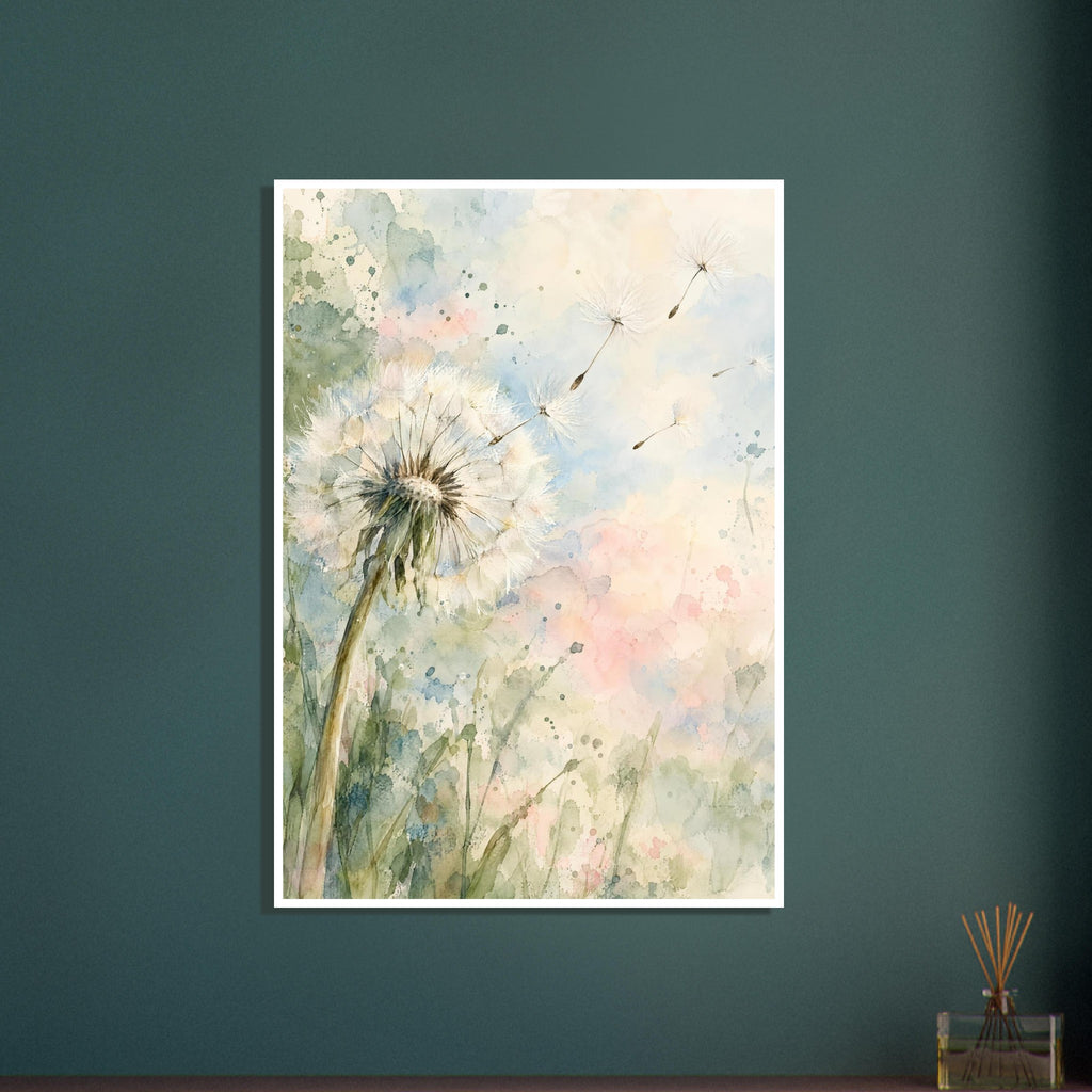 Dandelion seed head with floating seeds against soft cream, blue, green and pink watercolour washes.
