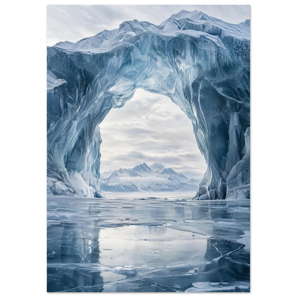 Towering blue ice arch framing snowy mountains and a cloudy sky, reflected on a cracked frozen surface.