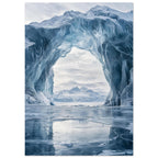 Towering blue ice arch framing snowy mountains and a cloudy sky, reflected on a cracked frozen surface.