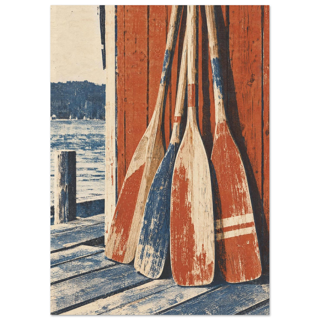 Four weathered red, blue and cream wooden oars leaning against red timber boards beside water and a wooden jetty.