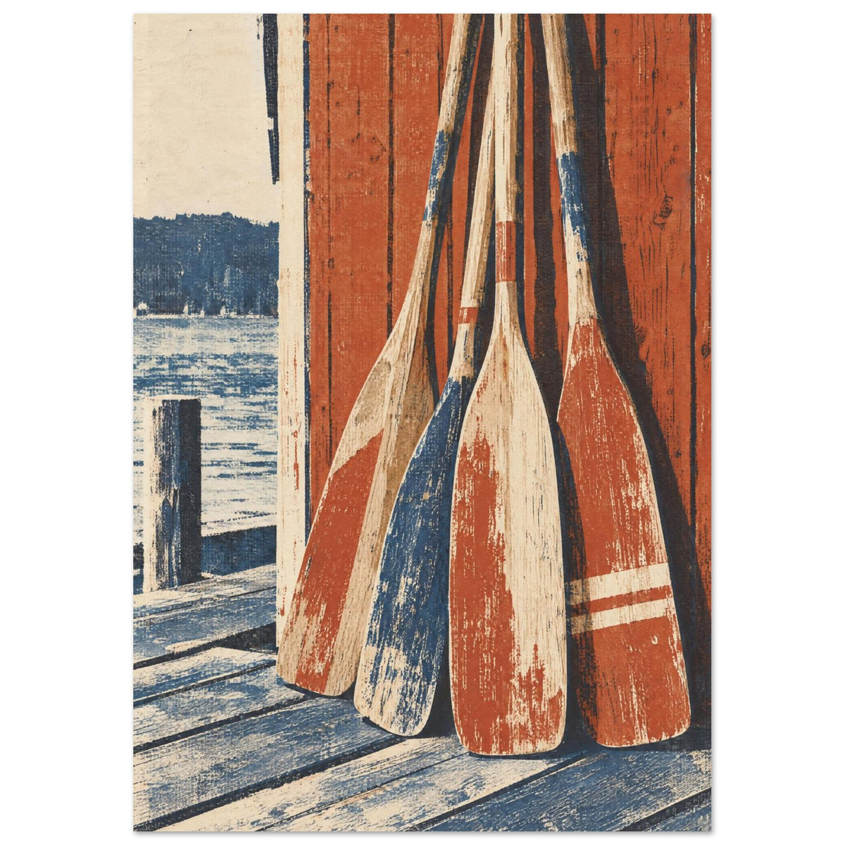 Four weathered red, blue and cream wooden oars leaning against red timber boards beside water and a wooden jetty.
